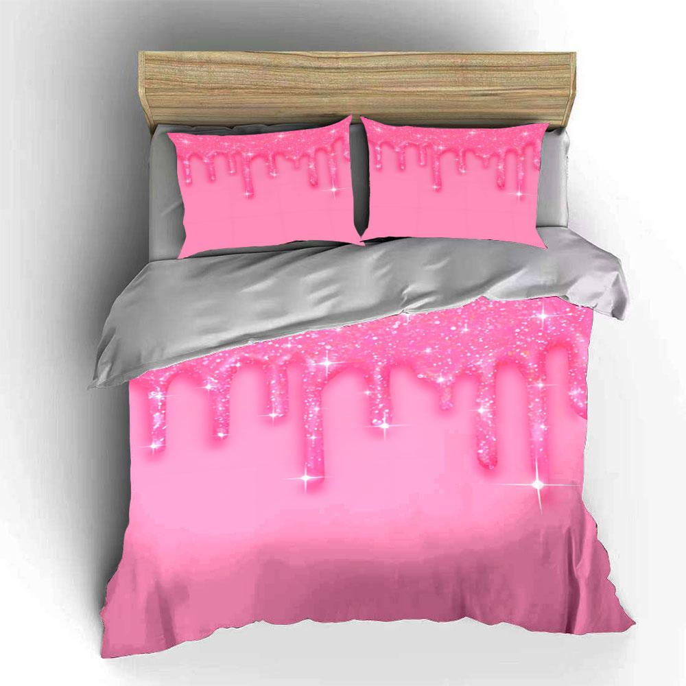 Glittery Pink Dripping Background Print Bedding Set 1 Duvet Cover 2 Pillowcases For Adult And Children Luxury Gift Full Size