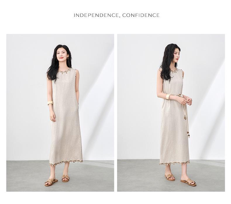 Ärmelloses Kleid im Bohemian-Stil aus Leinen-Tencel mit Muschel-Anhänger & Quaste für Damen