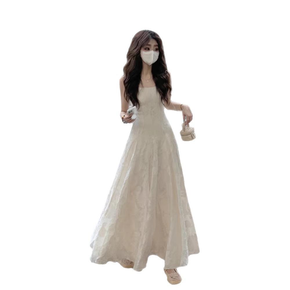 New Chinese Beige Suspender Dress Women's Summer New Small Seaside Vacation Ruffle Leaf Edge Dress