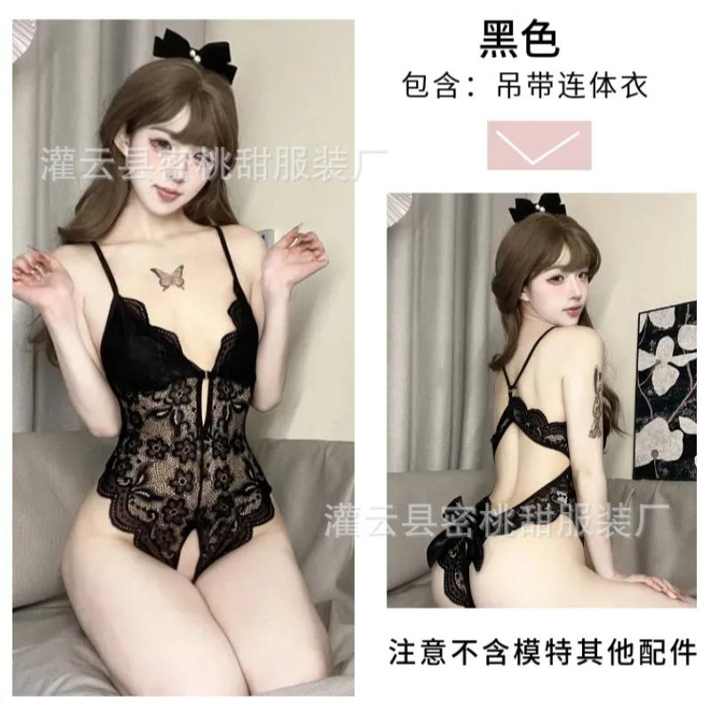 Sexy lingerie women's hot deep V suspender onesie sexy lace perspective open pajamas uniform seduction