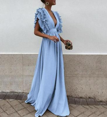 2026 Spring/Summer Flutter Sleeve V-Neck Backless Solid Color Long Dress for Women