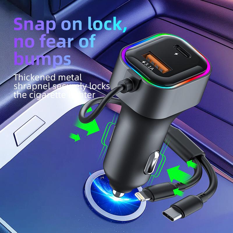 A One Meter Long 2-in-1 Car Charger Can Charge Four Devices Simultaneously and Switch Between Seven Color Ambient Lighting Color