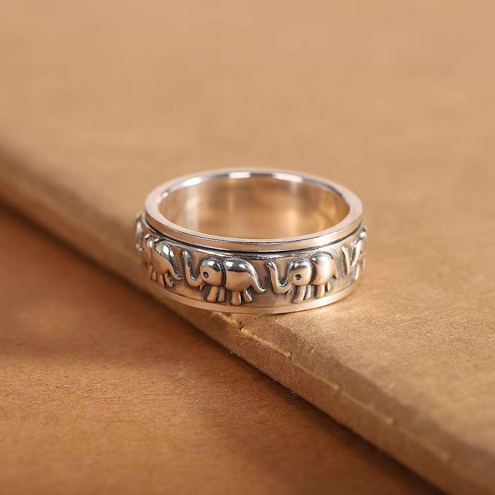 Vintage Thai Silver Elephant Ruyi Rotating Ring, Personalized Ethnic Style Unisex Finger Jewelry