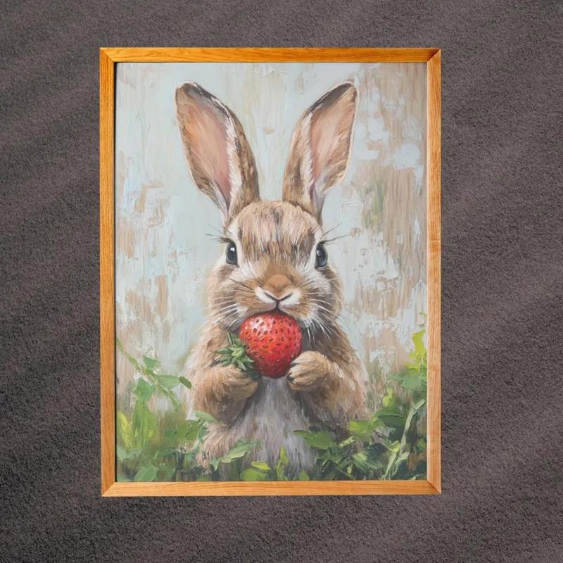 Easter rabbit strawberry Print, Spring bunny vintage Prints Wall Art, Easter Bunny Print Cute Easter Rabbit, Bunny Painting 21X30CMNo Framed