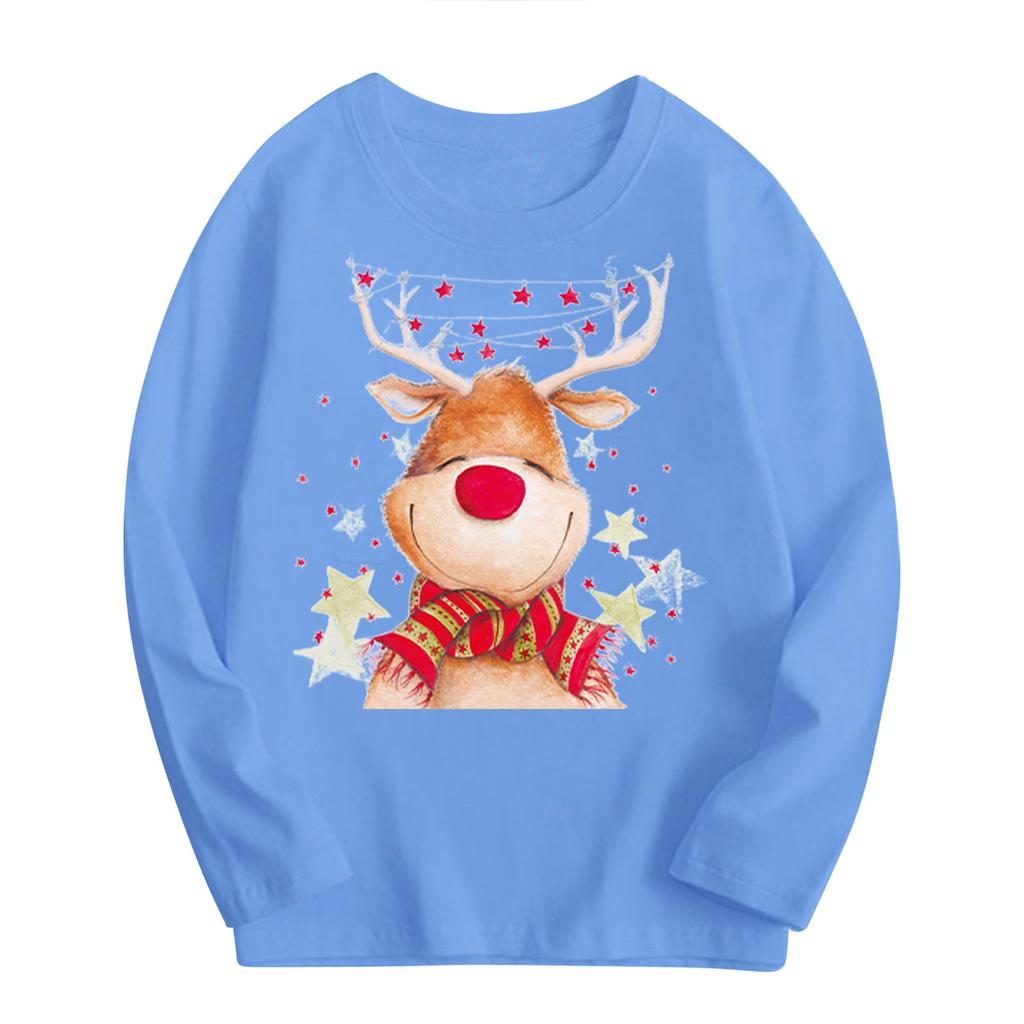 Kids Unisex Loose Long Sleeve Cotton Reindeer Cartoon Print Casual T Shirt