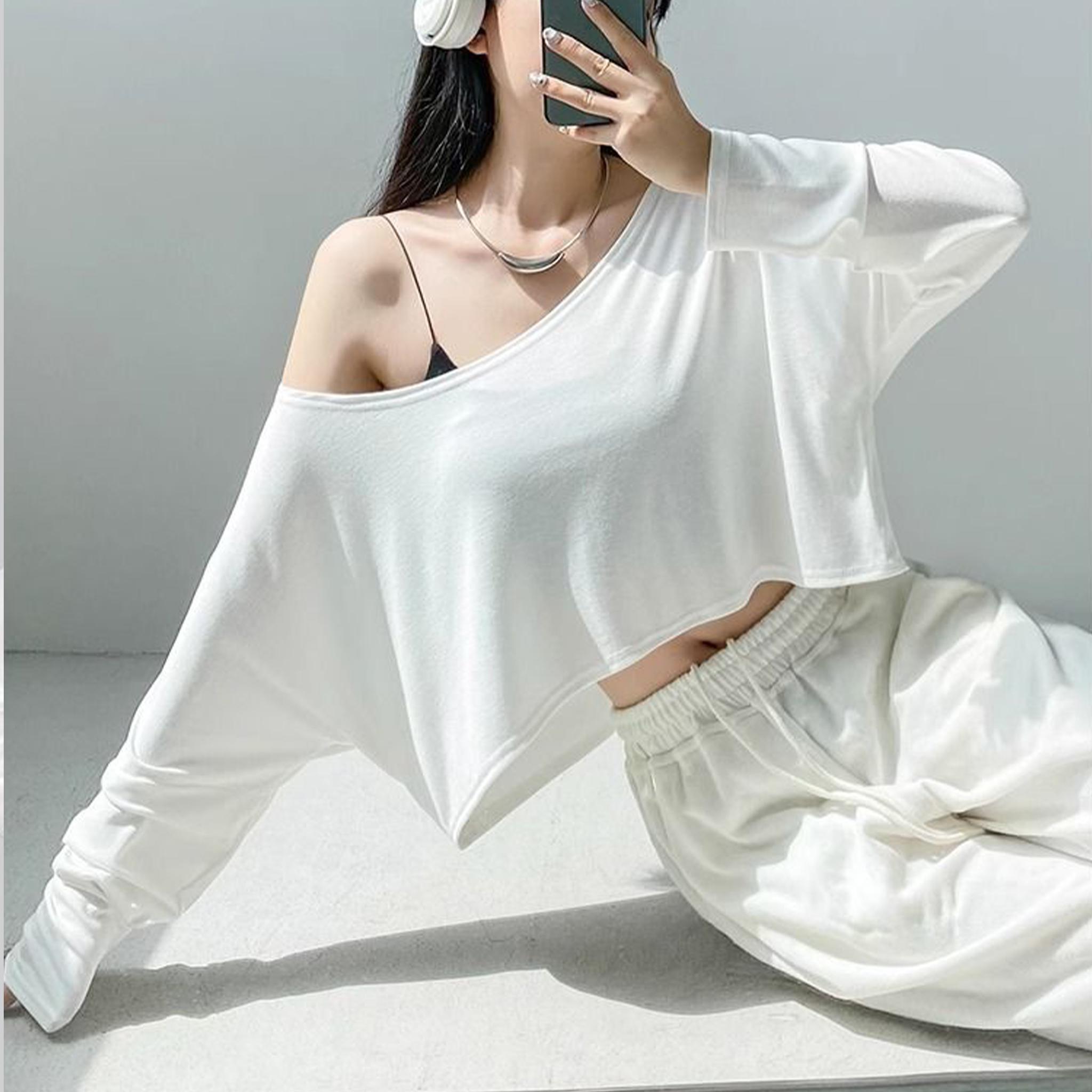 

Streetwear Off-shoulder Crop Top Vintage 2000s White Long Sleeve Loose T Shirts Women Casual Autumn y2k T-shirt Harajuku XL білий