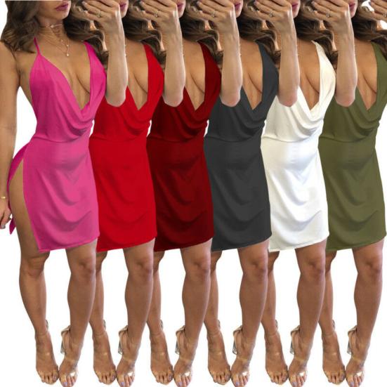 Club Lady Solid Color Halter Deep V Backless Split Bodycon Sleeveless Mini Dress
