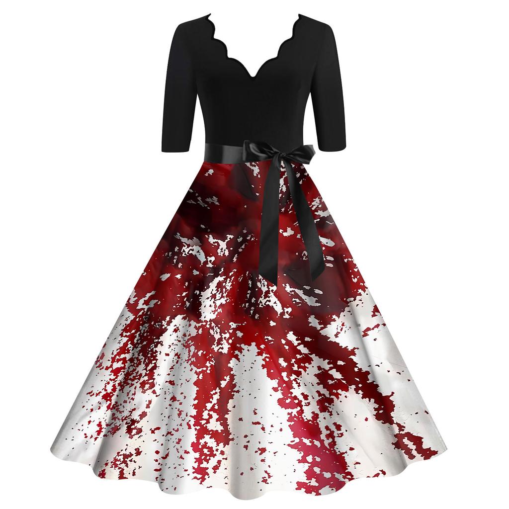 Vestido de festa de família com estampa de Halloween de manga comprida vintage feminino