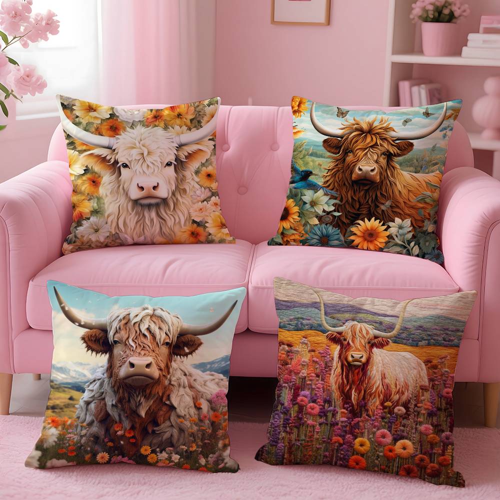 Vibrant Highland Cow Pattern Pillow Case pattern printing pillowcase living room sofa cushion cover bedroom room decor