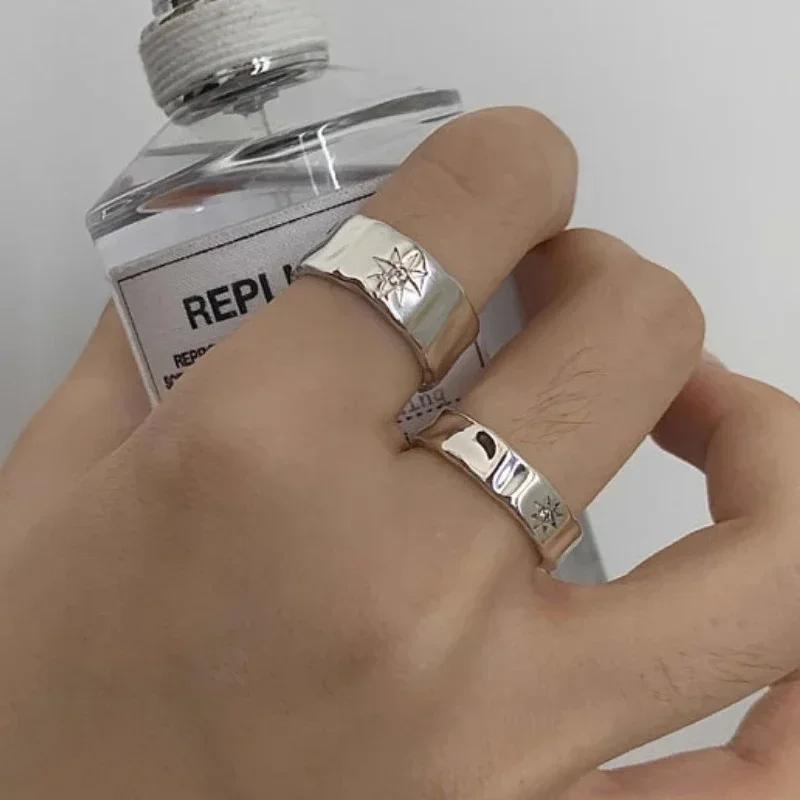 925 Silver Star Open Ring Y2K Couple Zircon Jewelry Wide Retro Finger Rings for Women Men Lovers Gift