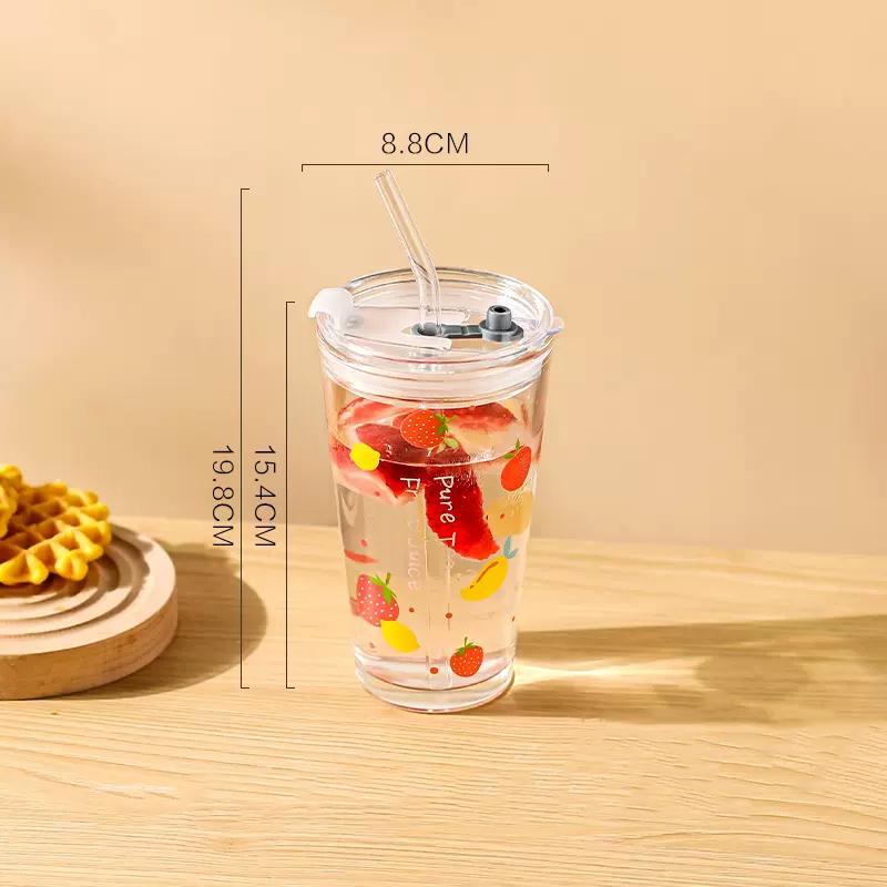 Roztomilá skleněná láhev na vodu s písmenem Korejská se slámkou a víčkem 480ml Jednoduché skleněné hrnky na kávu, mléko, džus, snídani na nápoje Dárek