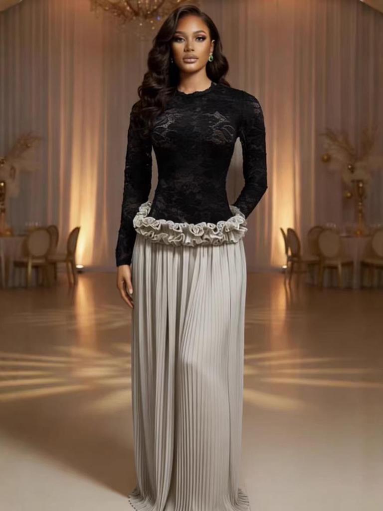 Elegantes Abendkleid mit hohem Bund, langen Ärmeln, Spitze und plissiertem Rüschenrock