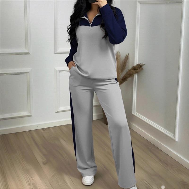 Women 2 Piece Tracksuit Color Block Half Zip Sweatshirt & Wide Leg Pants Set Casual Knit Loungewear Outfit