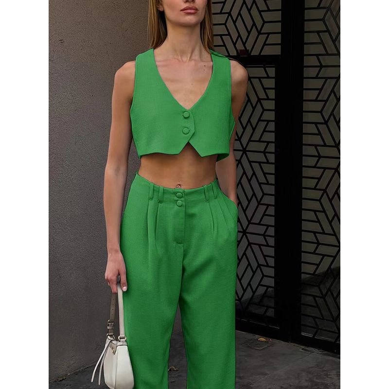 Fashion Summer Pure Color V-neck Midriff-Baring Vest Pants Suit Short Tank Top and Pants Set
