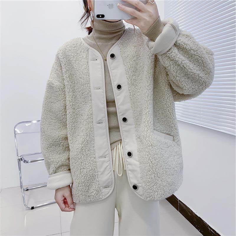 Women's Korean-Style Lambswool Plush Coat - 2025 Autumn/Winter Casual Loose Fit Baseball Jacket