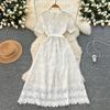 High-end hollow crochet lace dress women's summer waist thin doll collar short sleeve elegant long dress