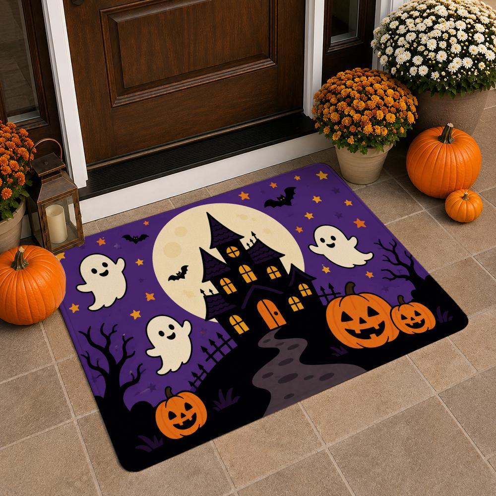 Happy Halloween Bath Mat Pumpkin Ghost House Bat Pattern Non‑Slip Absorbent Floor Rug for Bathroom Entryway Home Halloween Party