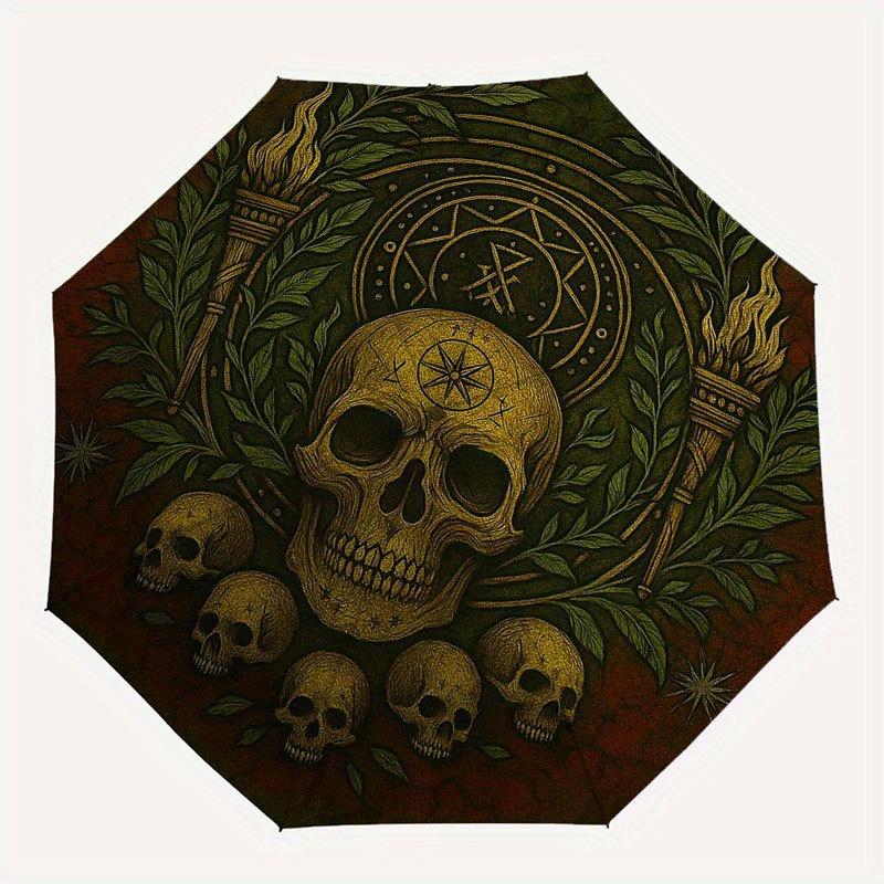 Skull and Laurel Wreath Circular Wall Art Umbrella, Portable 3-Fold Compact Umbrella for Men & Women R119