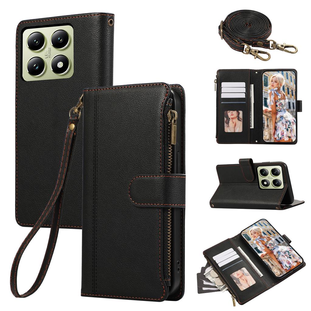 Husă pentru Xiaomi 14T cu multiple sloturi pentru carduri, fermoar, piele, husă de telefon cu curea de umăr/curea de mână