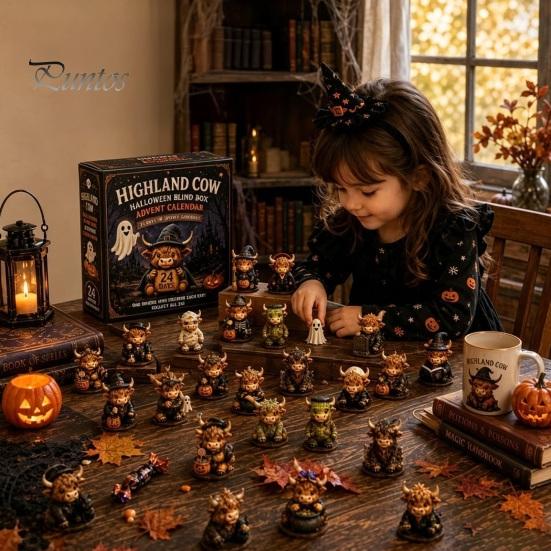 Halloween-Schmuckset Schottische Hochlandkuh Adventskalender, 24-Tage Countdown-Box Geschenk mit 24 Stück Figuren, Gruselige Dekorationen für Kinder