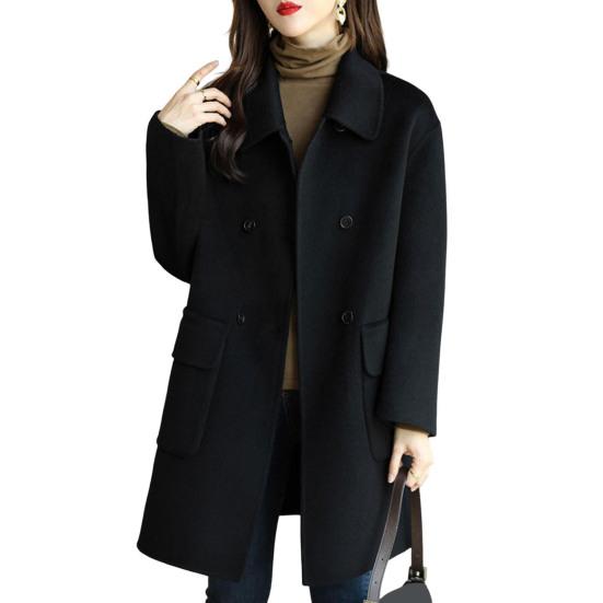 Women Jacket Turn-down Collar Long Sleeves Double-breasted Windbreaker Loose Pockets Mid Length Outdoor Travel Commuting Overcoat