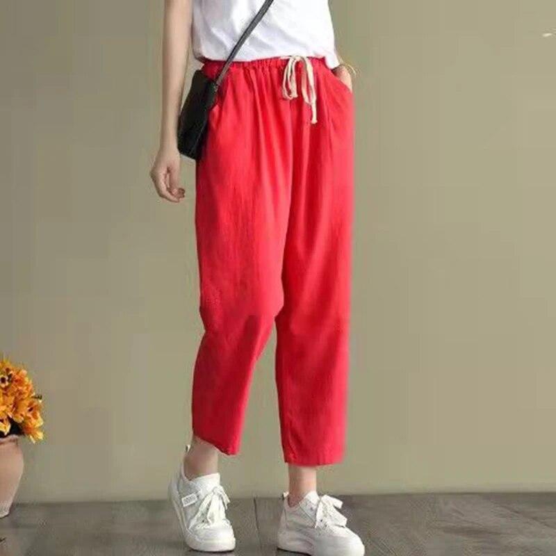 Spring Summer Cotton Linen Pants Women Solid Color Casual Ankle-length Pant Woman Lace-up Waist Loose Trousers