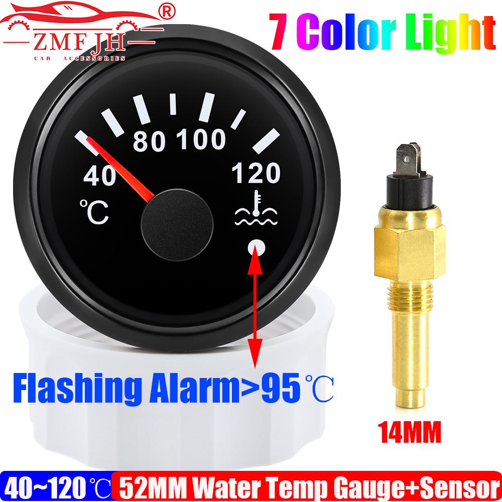 Auto Car 52MM Water Temperature Gauge with Warning Sensor 12MM,14MM,16MM 40-120℃ Water Temp Meter Indicator 7 Color Backlight