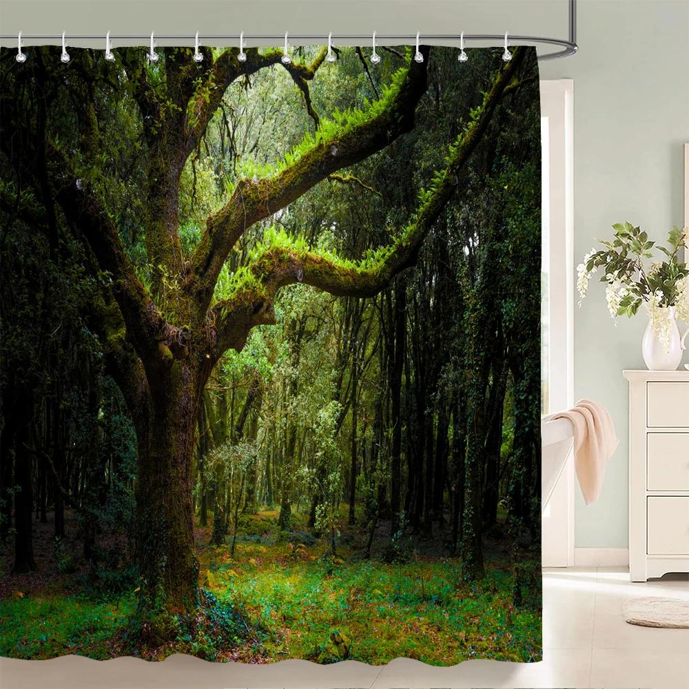 Forest Scenery Printed Fabric Shower Curtains Autumn leaves Tree leaf Bath Screen Waterproof Products Bathroom Decor with Hooks