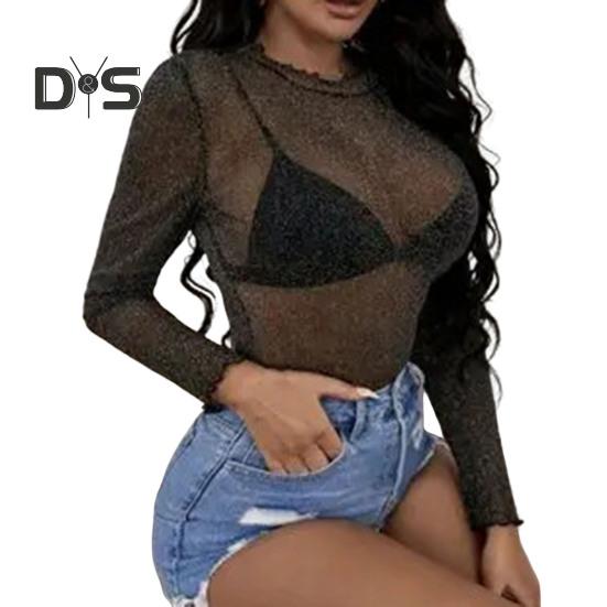 

Женские топы, кружевные, с длинным рукавом и полувысоким воротом, однотонные прозрачные сетчатые топы из пряжи XL чёрный