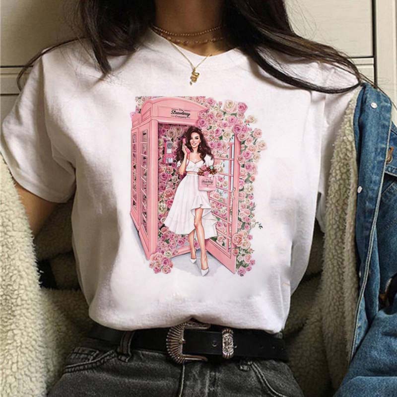 Women T Shirt Fashion Casual Female Print Shirt Loose Women Oneck Tops Harajuku 90s Girls Kawaii T Shirt Korean Style Clothes