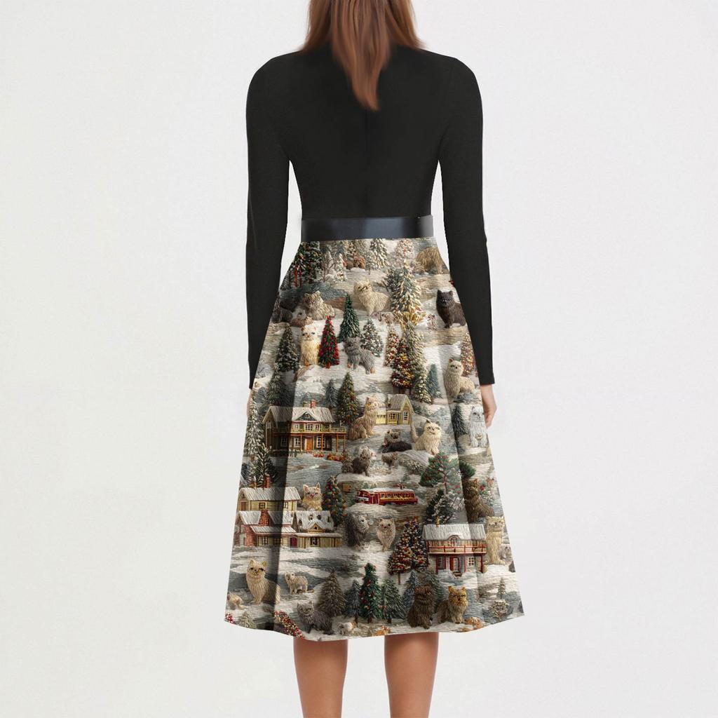 Women's Fashion Round Neck Slim-Fit Christmas Print Long-Sleeved Dress