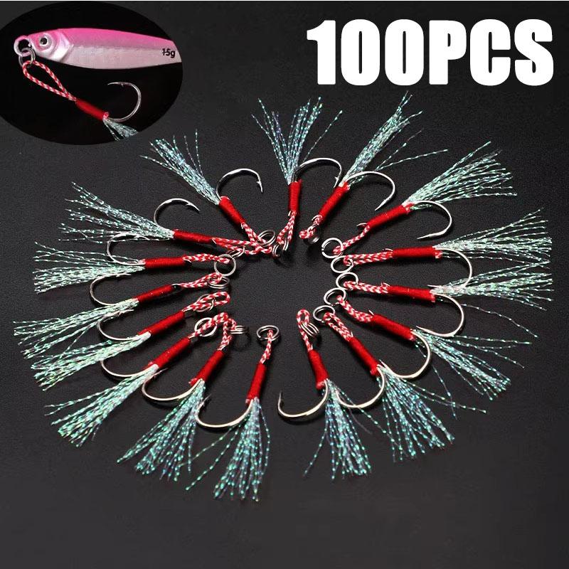 Slow Jigging Lures With Assist Hooks Barbed Single High Carbon Steel Feathered Jigs 20 Or 100 Pcs