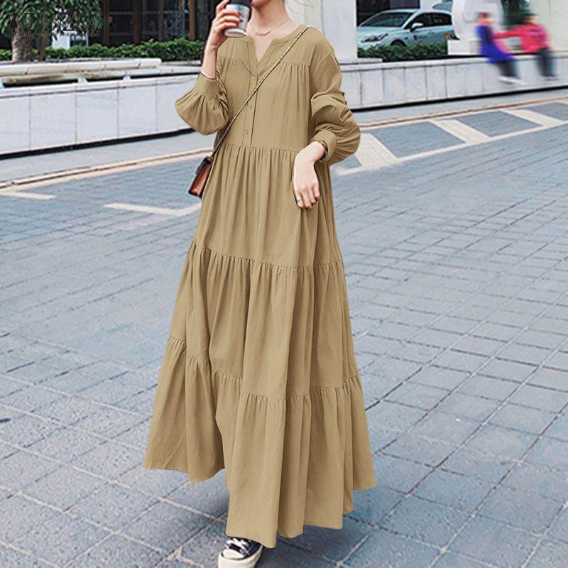 ZANZEA Women Casual Round Neck Solid Color Long Sleeve Long Dress