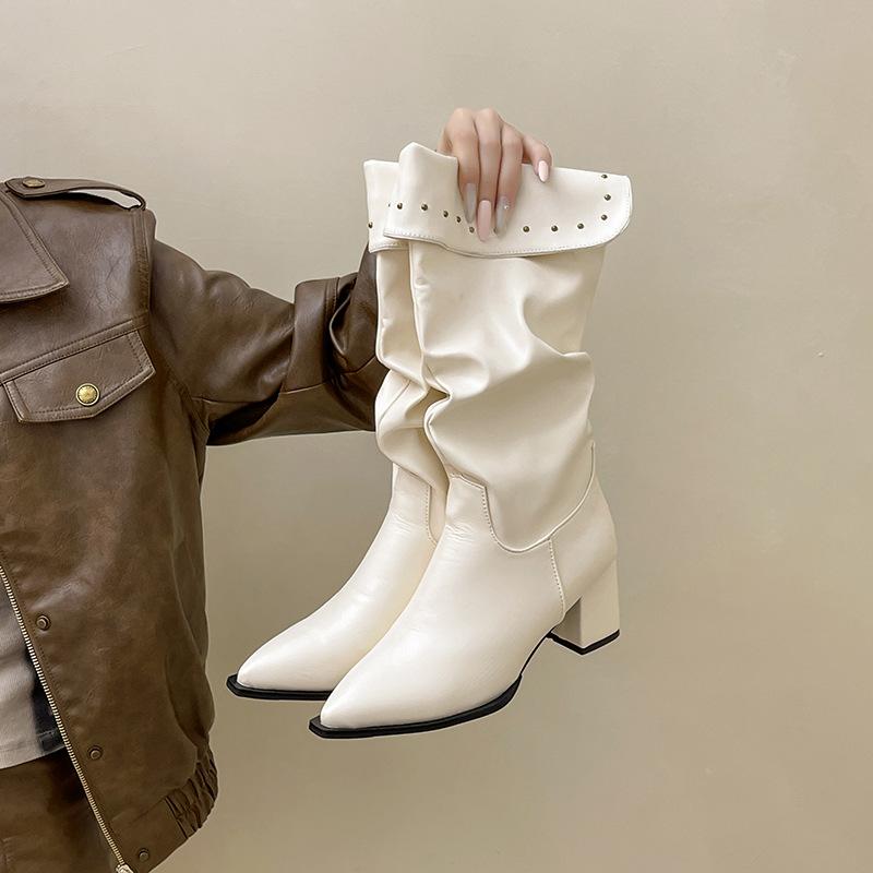 

Piaohong retro style Spice Girl pointed head pleated rivet boots women s 2025 autumn and winter new versatile knight boots fashion boots 39 бежевый