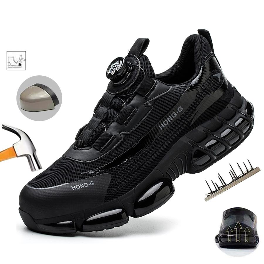 Safety Shoes For Men Steel Toe Anti-Puncture Men's Work Shoes Slip Resistant Reinforced Sole Rotating Button Fashion Sneaker