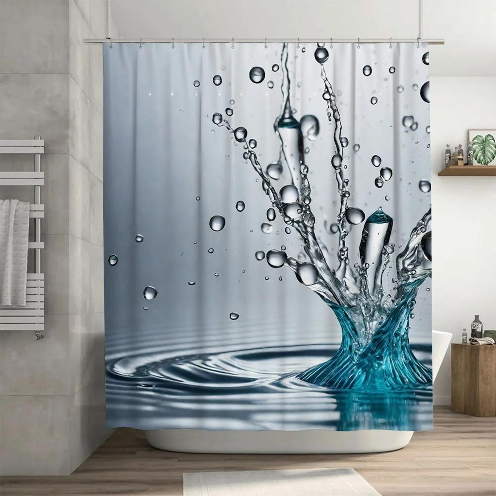 3D Waterproof Shower Curtain Splash Print Bathroom Decor for Home Decoration, Polyester Material Water Splashing Pattern In Blue