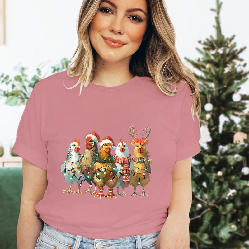 Festive Fashion Tshirt Women Merry Christmas Chicken Cartoon Tshirts Country Life Lovers Christmas Party Gift Essential Tops