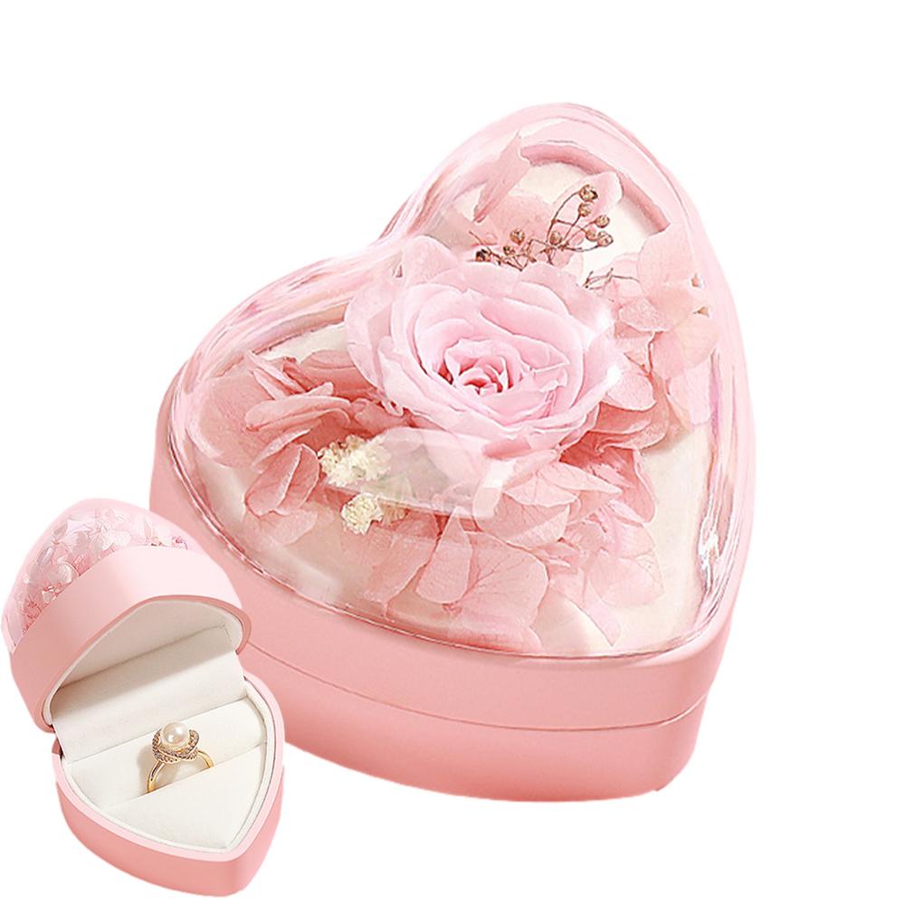 Preserved Rose Gift Box Heart-Shaped Decor Jewelry Box Romantic Preserved Flowers Rose Gift For Anniversary Christmas Day 7.1x6.2x6.5cm