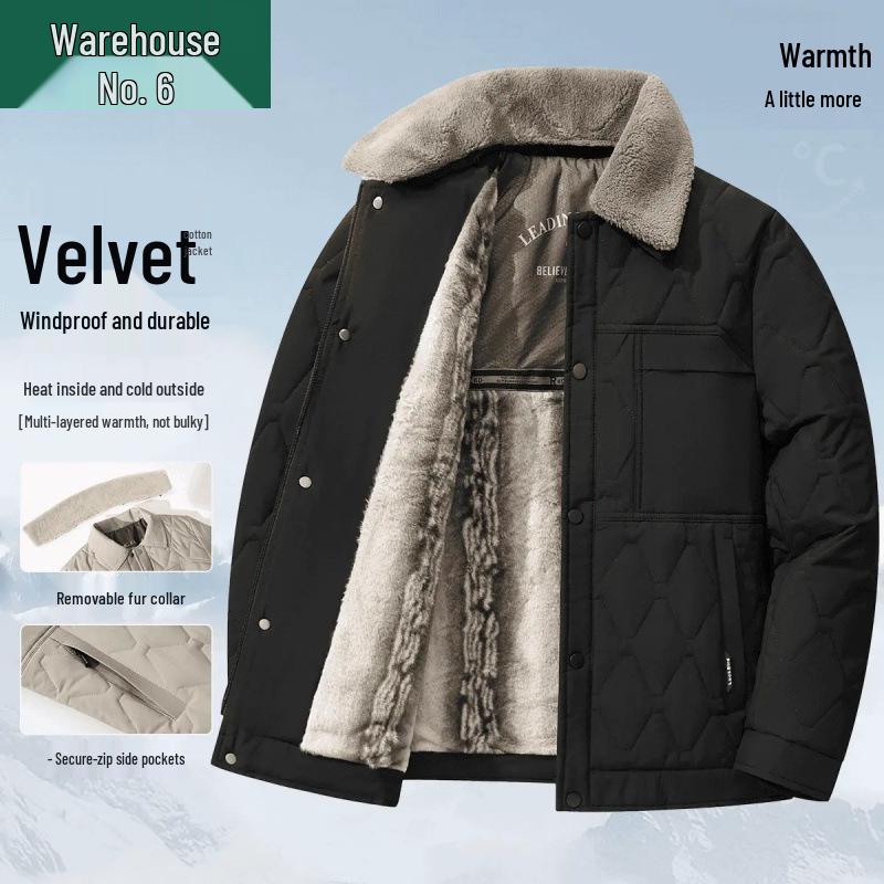 Men's Winter Lapel Jacket with Lambswool Fur Collar & Nano Mink Velvet - Thickened Warm Cotton