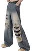 MMTYRM Men's Wide-Leg Denim Pants, Loose Fit, Stretch Goose-Eye Denim Pants, Stylish Jeans with Distressed Finish, Available in Plus Sizes, Blue, XL