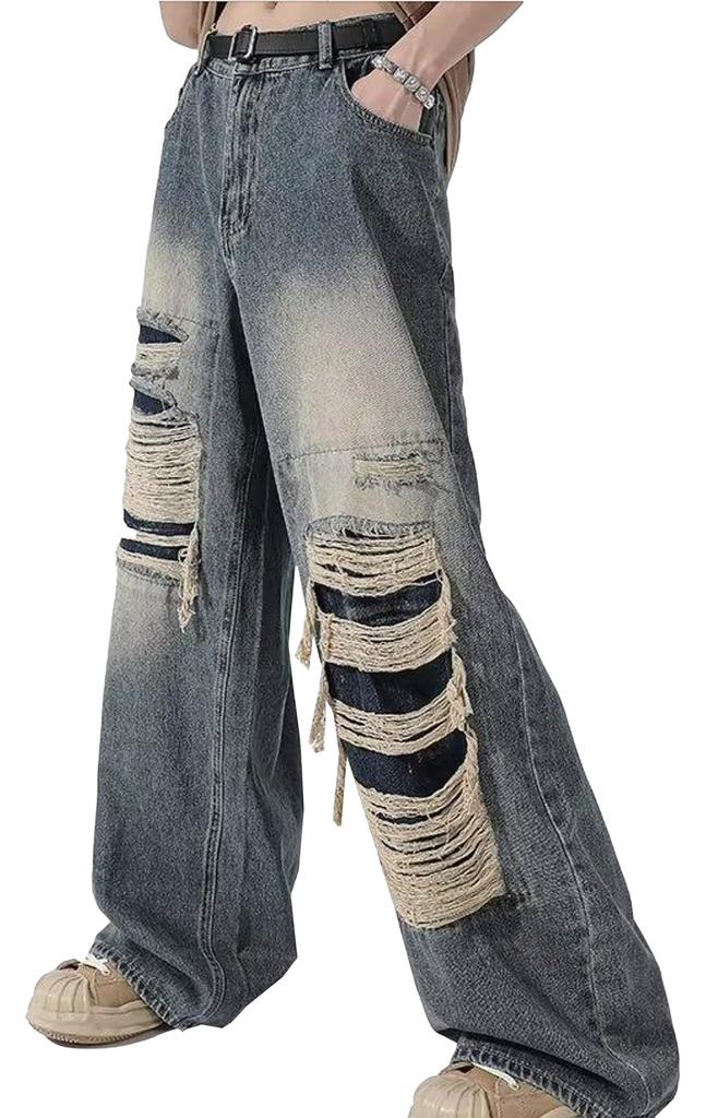 MMTYRM Men's Wide-Leg Denim Pants, Loose Fit, Stretch Goose-Eye Denim Pants, Stylish Jeans with Distressed Finish, Available in Plus Sizes, Blue, XL