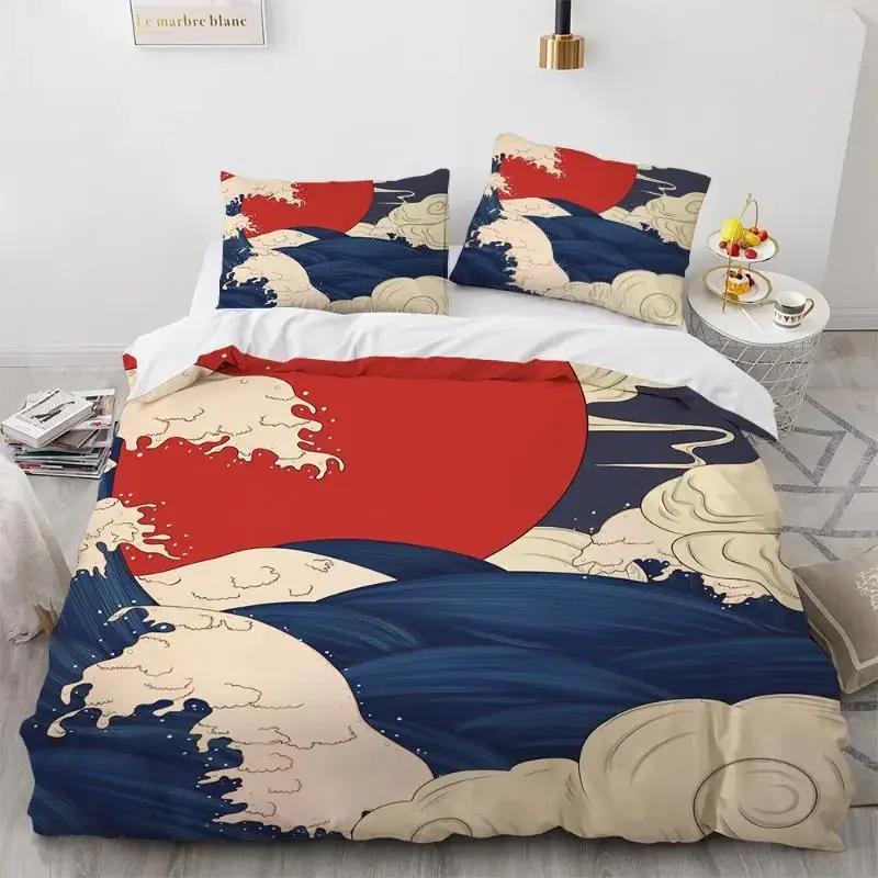 Sada povlaků na přikrývku Wave Vzor Hokusai Japonský povlak na přikrývku Ukiyoe Orientální styl náčrtu Ocean Queen Twin Polyesterová sada povlečení