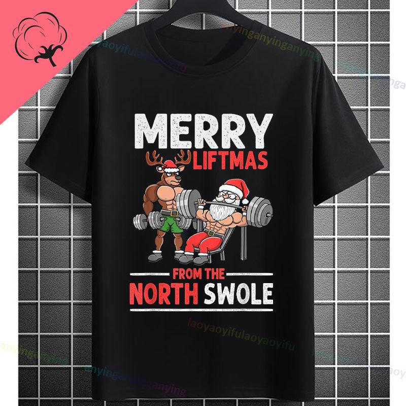 Funny Muscular Santa Christmas Gym Graphic Tshirt Casual Sports Humor Style Pure Cotton Shortsleeve Tshirt Outdoor Clothing