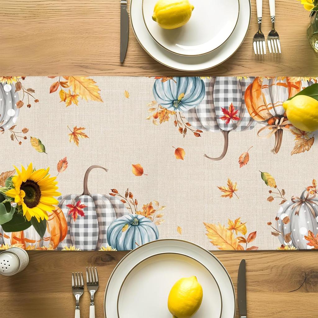 Fall Thanksgiving Scarecrows Pumpkins Table Runner Holiday Party Decor Reusable Kitchen Dining Table Runner Autumn Decorations