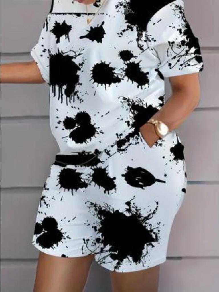 Summer Colorful Print Women Two-piece Sets Casual Short Sleeve Round Neck T-Shirt & Shorts Loungewear Short Sleeve Shorts Two-piece