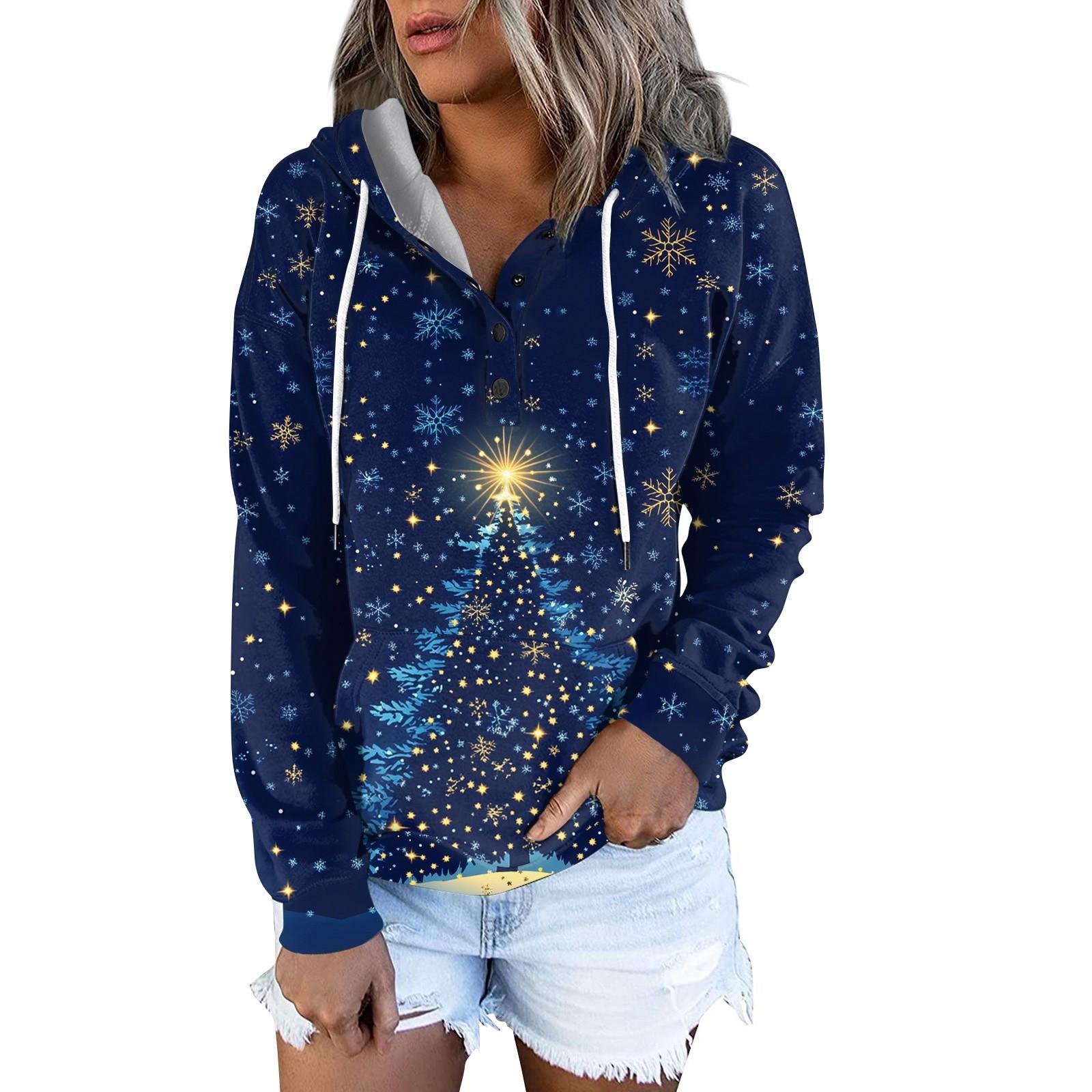 

Женские повседневные модные принты с длинным рукавом на пуговицах пуловеры с капюшоном толстовки L синий