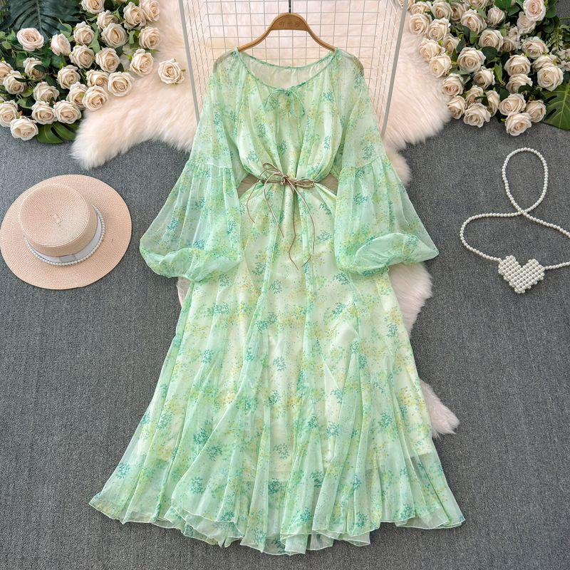 

Платье из шифона с цветочным принтом в французском стиле для первого свидания, розовое, с круглым вырезом, весна и осень 2024, новая коллекция, атмосферное, элегантное платье для чаепития Green All yards