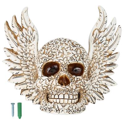 Skull Statue Butterflies Pattern Handcraft Exquisite Skeleton Head Statue with Angel Wing for Desktop Decoration