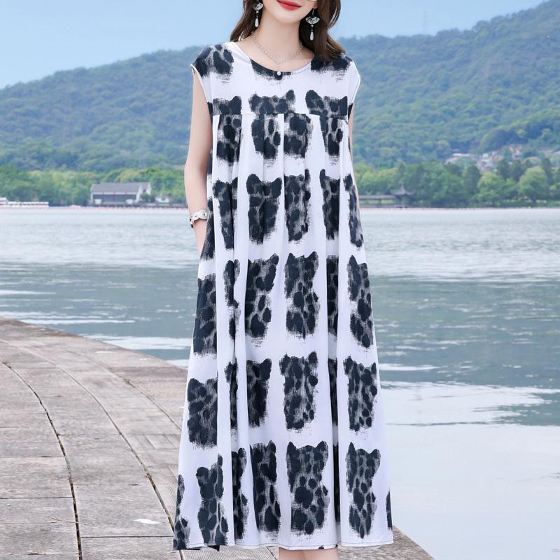 Casual Beach Dresses for Woman Plus Size Loose Vintage Print Long Sleeveless Dress Summer Women's Clothing