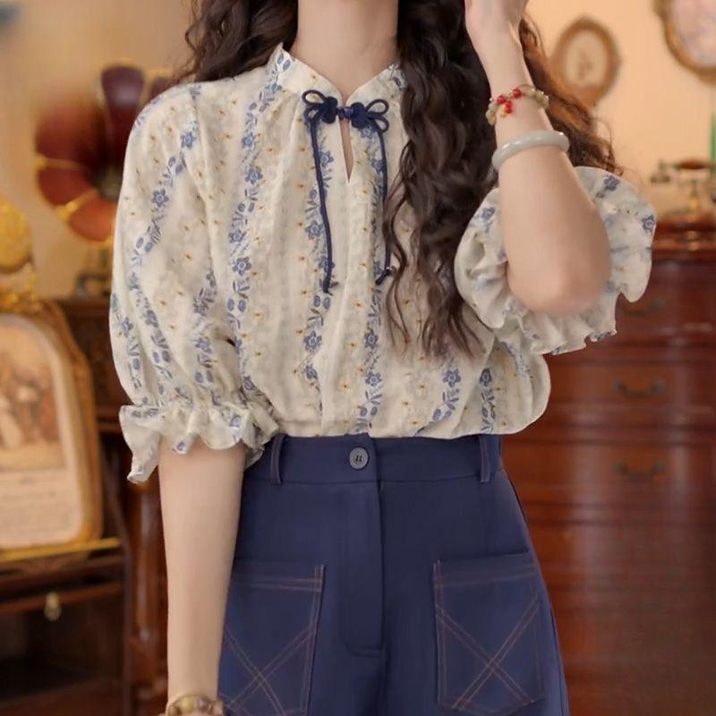 

Women Floral Print Chinese Style Knot Neck Puff Sleeve Blouse M синий